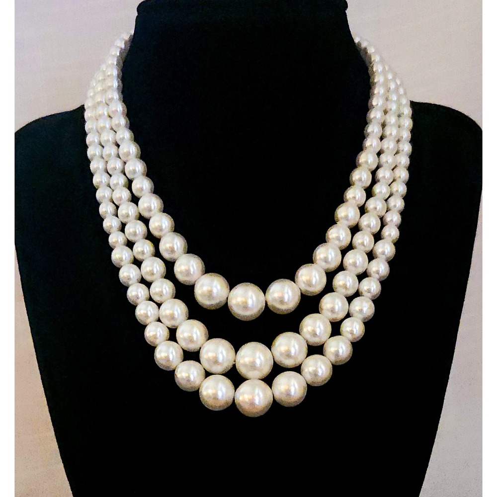 Vintage Japan Faux Pearl Necklace: Triple Strand Graduated Bridal Jewelry MCM